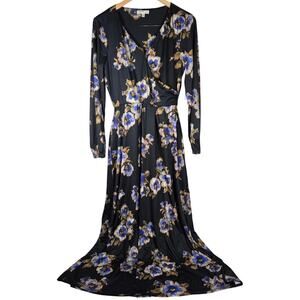 Nine Britton Floral Wrap Maxi Dress Black Blue Purple Long‎ Sleeve Size M